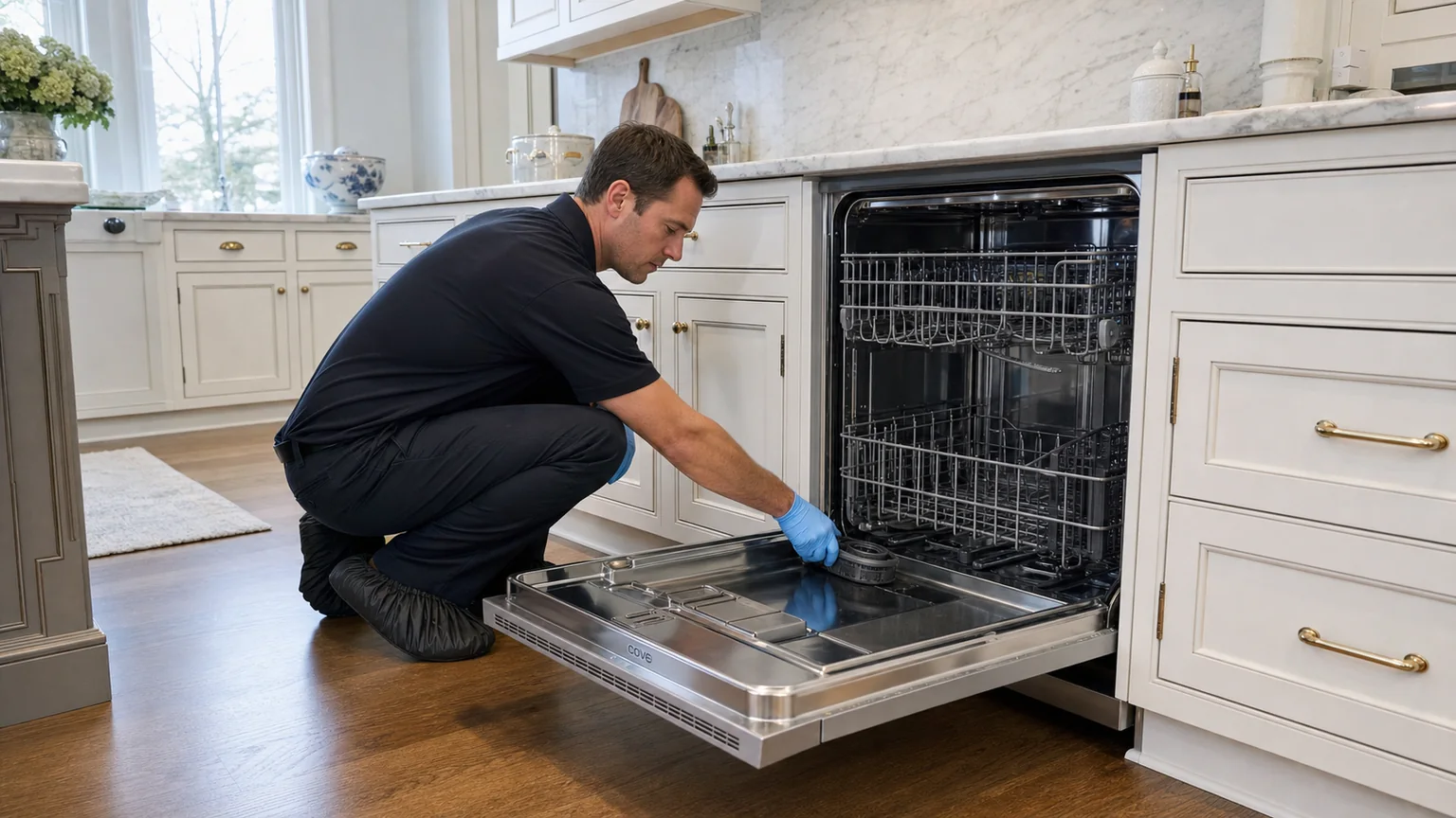 Panel-ready dishwasher prepared for a professional diagnostic visit